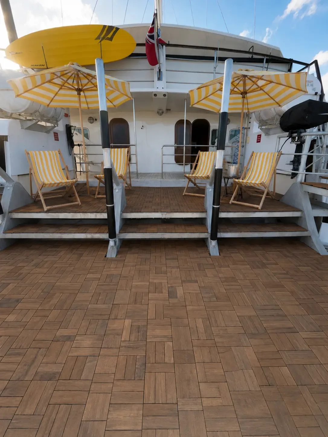 The beach bar and swim deck aboard Gold Coast sailing superyacht VOYŌ