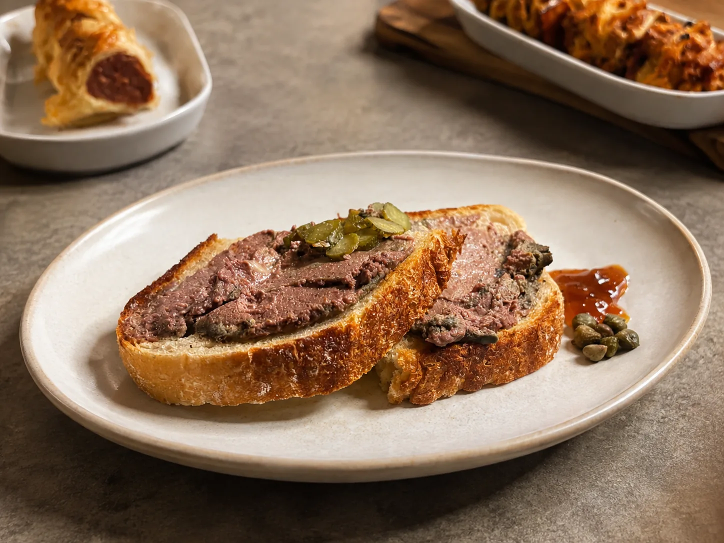 Rustic pâté toast with pickles and jam served on a Gold Coast sailing voyage aboard VOYŌ
