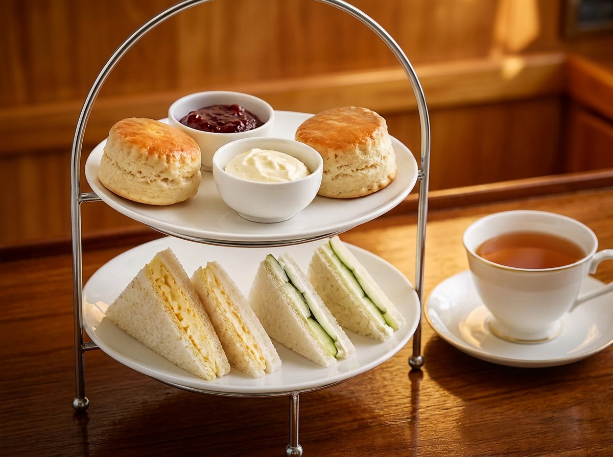 The chef's tiered high tea served on deck aboard Gold Coast sailing superyacht VOYŌ