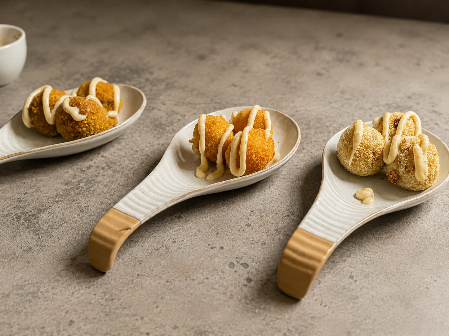 Golden croquettes on ceramic spoons served on a Gold Coast sailing voyage aboard VOYŌ